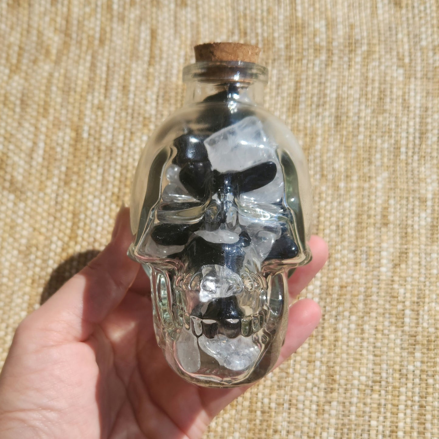 Skull Jar with Black Obsidian and Clear Quartz Mini Tumbles