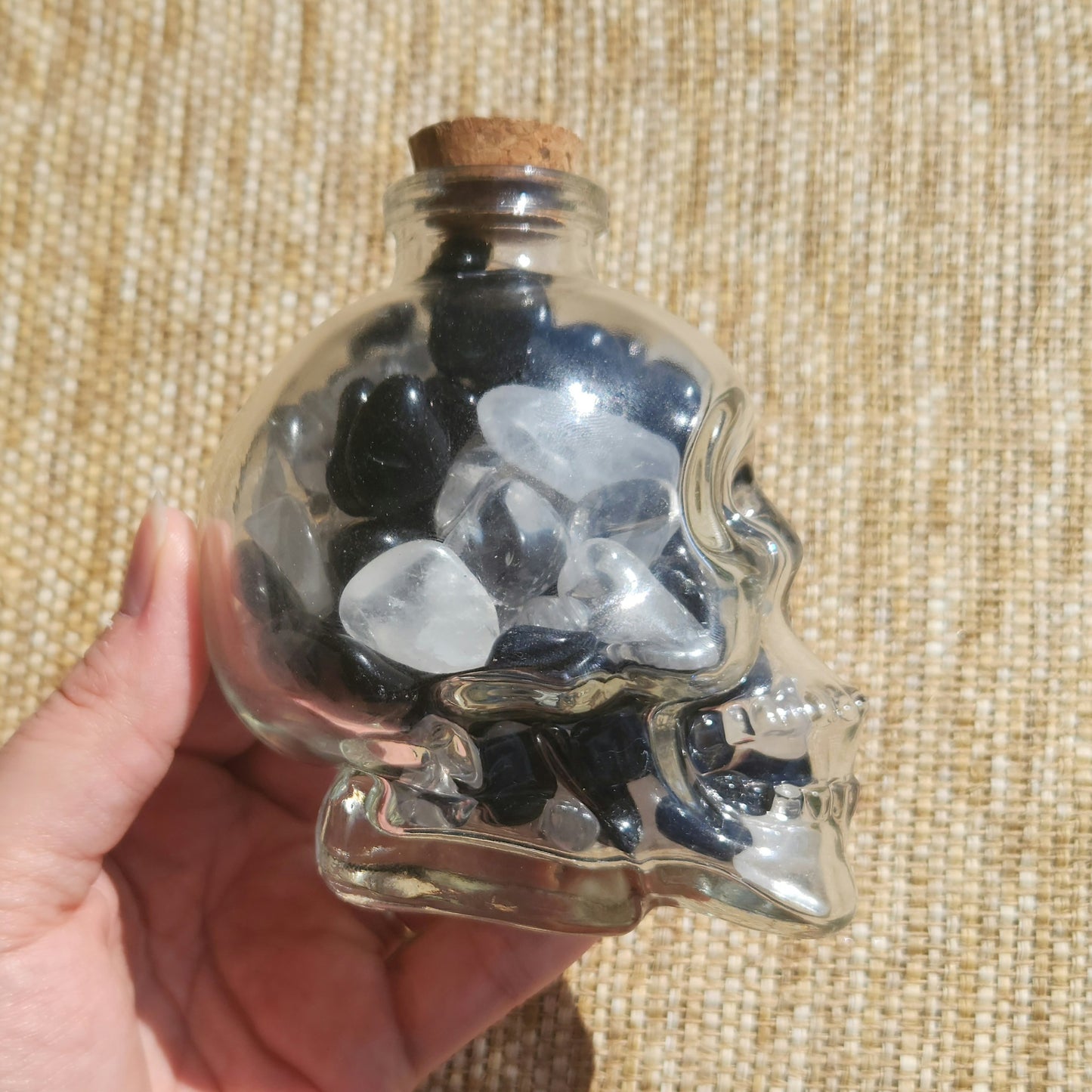 Skull Jar with Black Obsidian and Clear Quartz Mini Tumbles